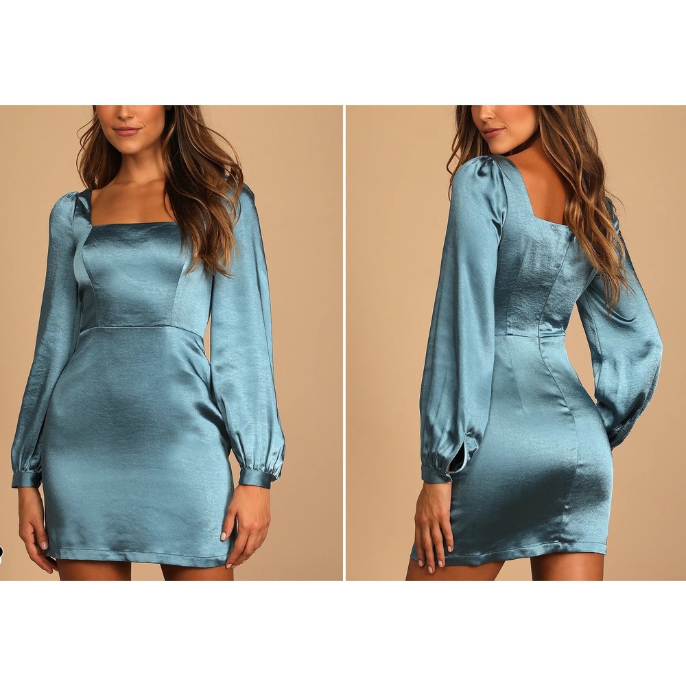NWT Lulus Got The Love Slate Blue Satin Square-Neck Mini Dress‎ Sz XXS
